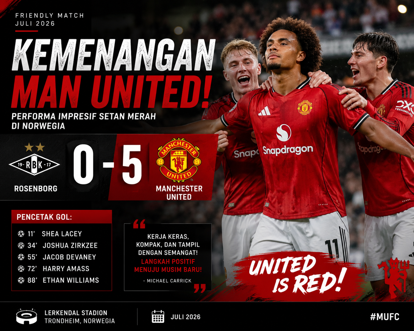 Manchester United Hancurkan Rosenborg 5-0 di Laga Pramusim, Joshua Zirkzee dan Talenta Muda Bersinar
