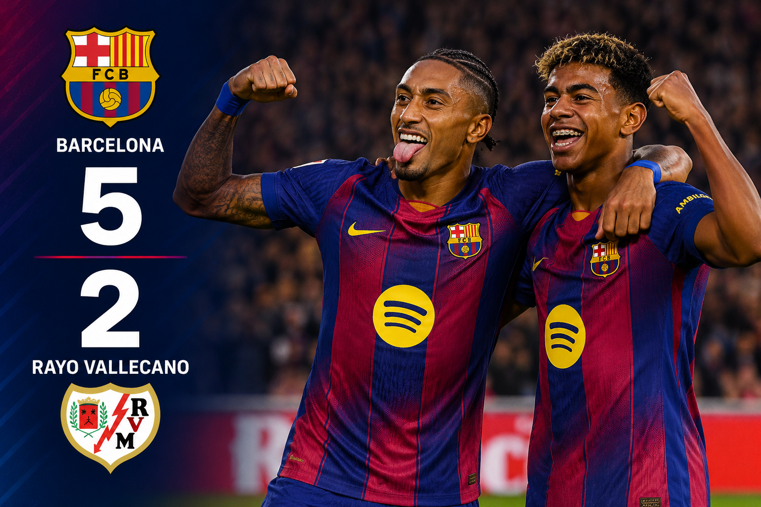 Barcelona Hajar Rayo Vallecano 5-2, Raphinha dan Lamine Yamal Sama-Sama Cetak Brace